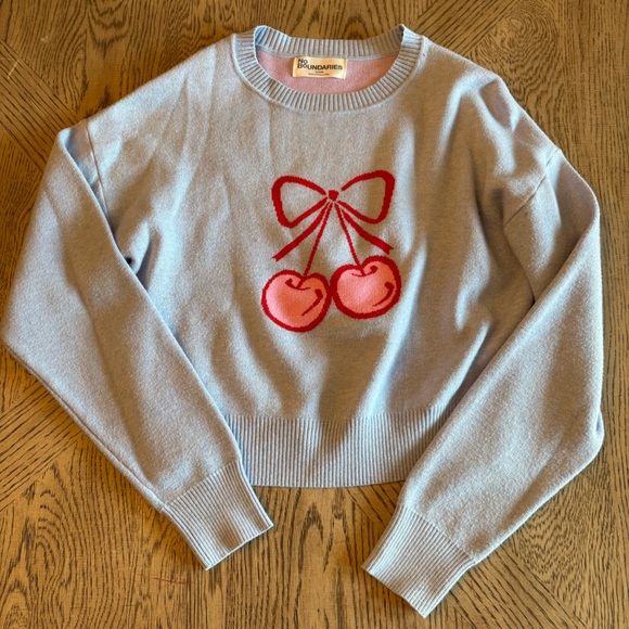 No Boundaries Baby Blue Sweater with Red Cherry Design - Picture 4 of 10